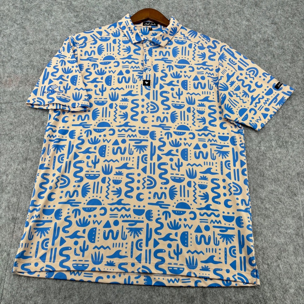 Bad Birdie Mens XL Golf Polo Shirt Tan Blue Abstract Geometric Blackstone Logo